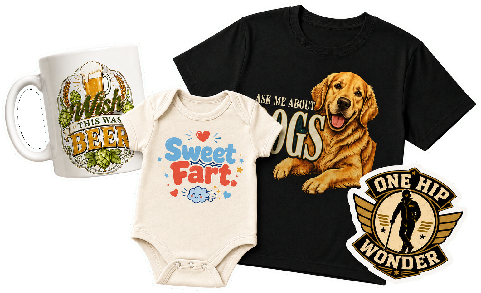 A LOLsies mug, baby bodysuit, dog tee, and One Hip Wonder sticker