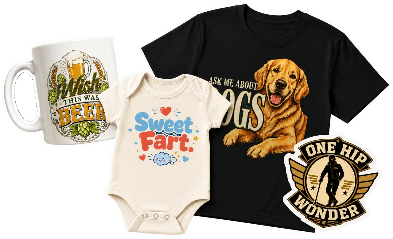 A LOLsies mug, baby bodysuit, dog tee, and One Hip Wonder product