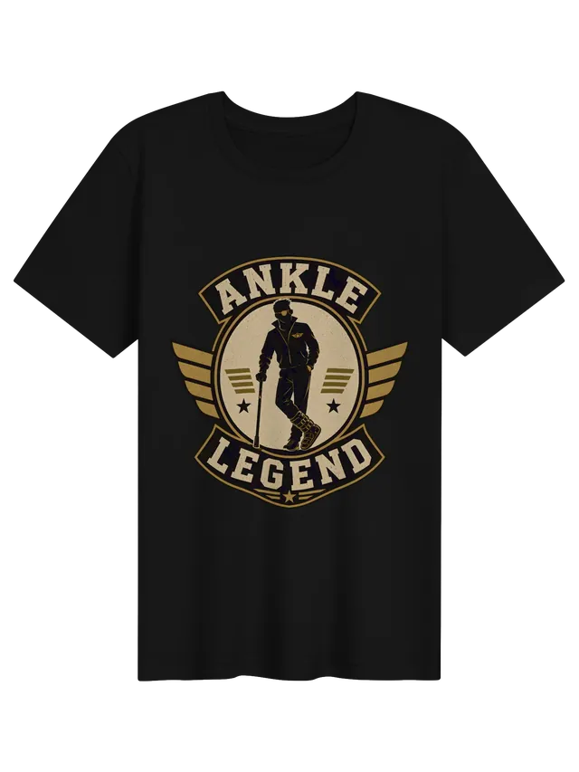 Ankle Legend broken ankle t-shirt in black with a retro winged badge and a hero in a walking boot, by LOLsies