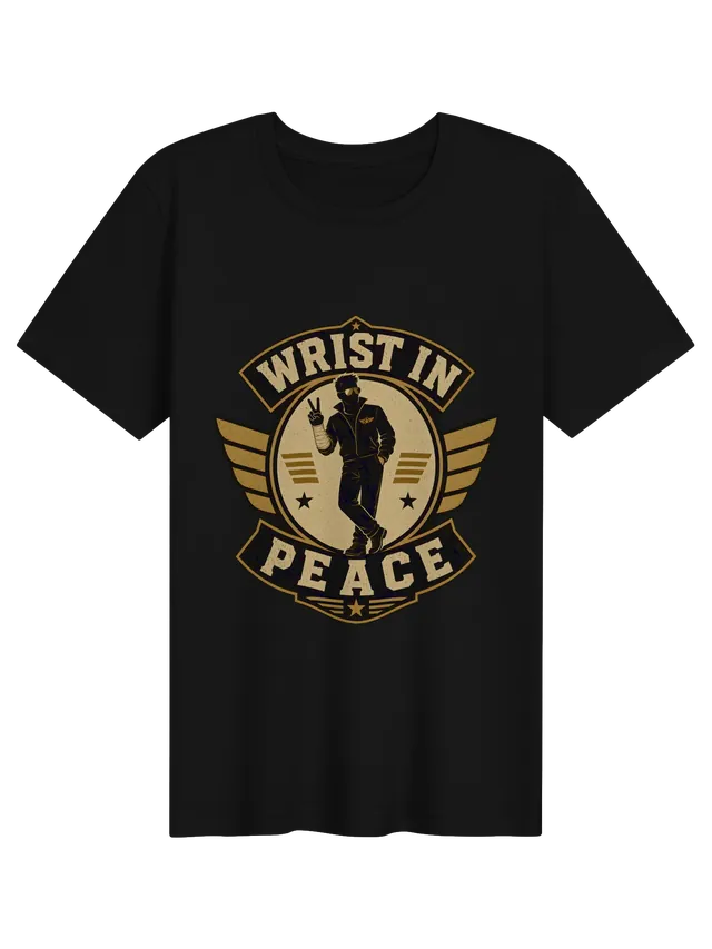 Wrist In Peace broken wrist t-shirt in black with a winged badge hero flashing a peace sign, by LOLsies